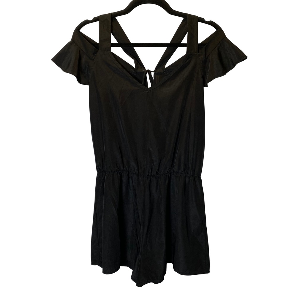 Peppermint Romper Womens Large Black Cold Shoulder Ruffle Festival Summer Casual